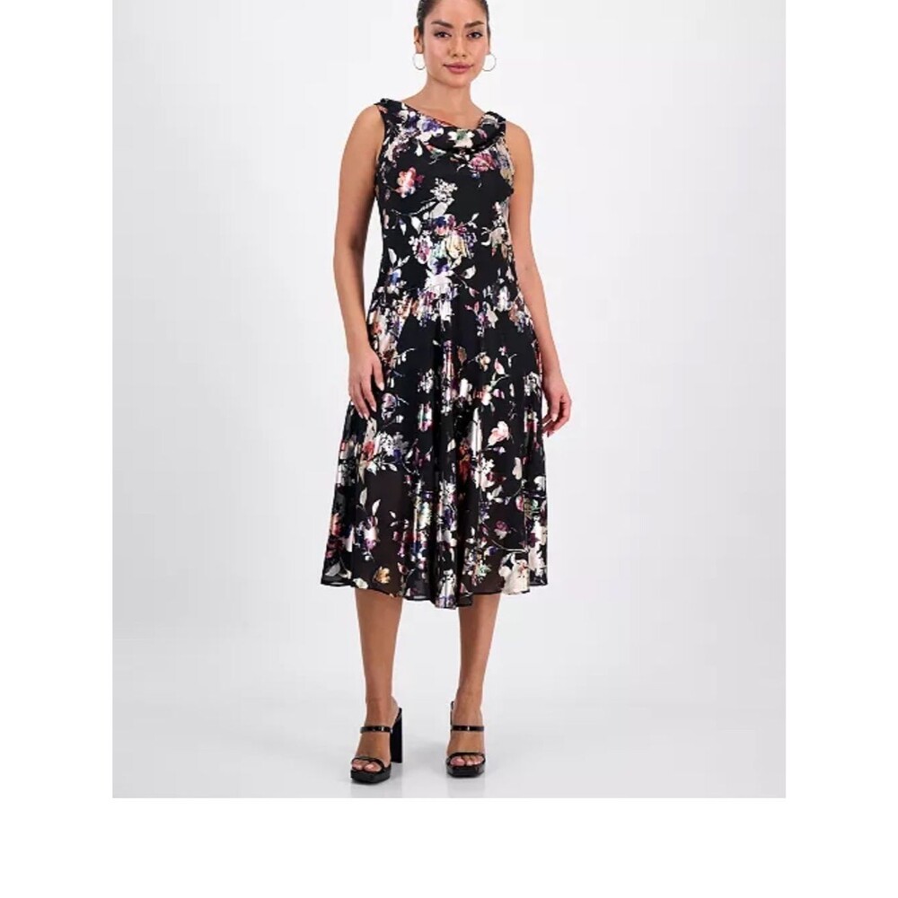 NWT Signature Robbie Bee Black Metallic Floral CowlNeck Midi Dress 8P Fairy
